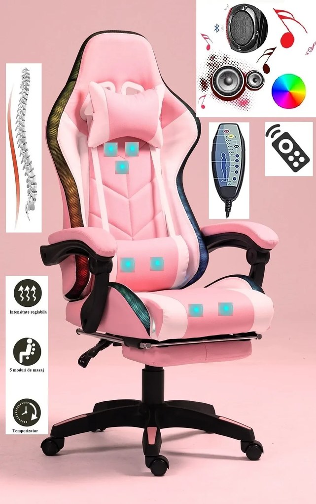 RESIGILAT- ALFORD Scaun gaming cu Masaj in 5 puncte, Perna lombara cu Masaj, Sistem iluminare banda LED RGB, Boxe Bluetooth, suport picioare, PU, Roz