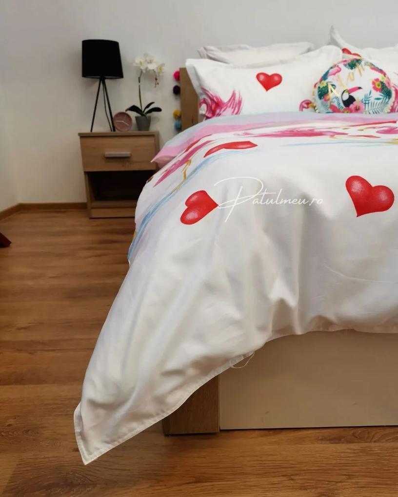 Lenjerie de pat cu 2 fete, tesatura tip finet, pat 2 persoane, alb / roz, 6 piese, FNJ-216