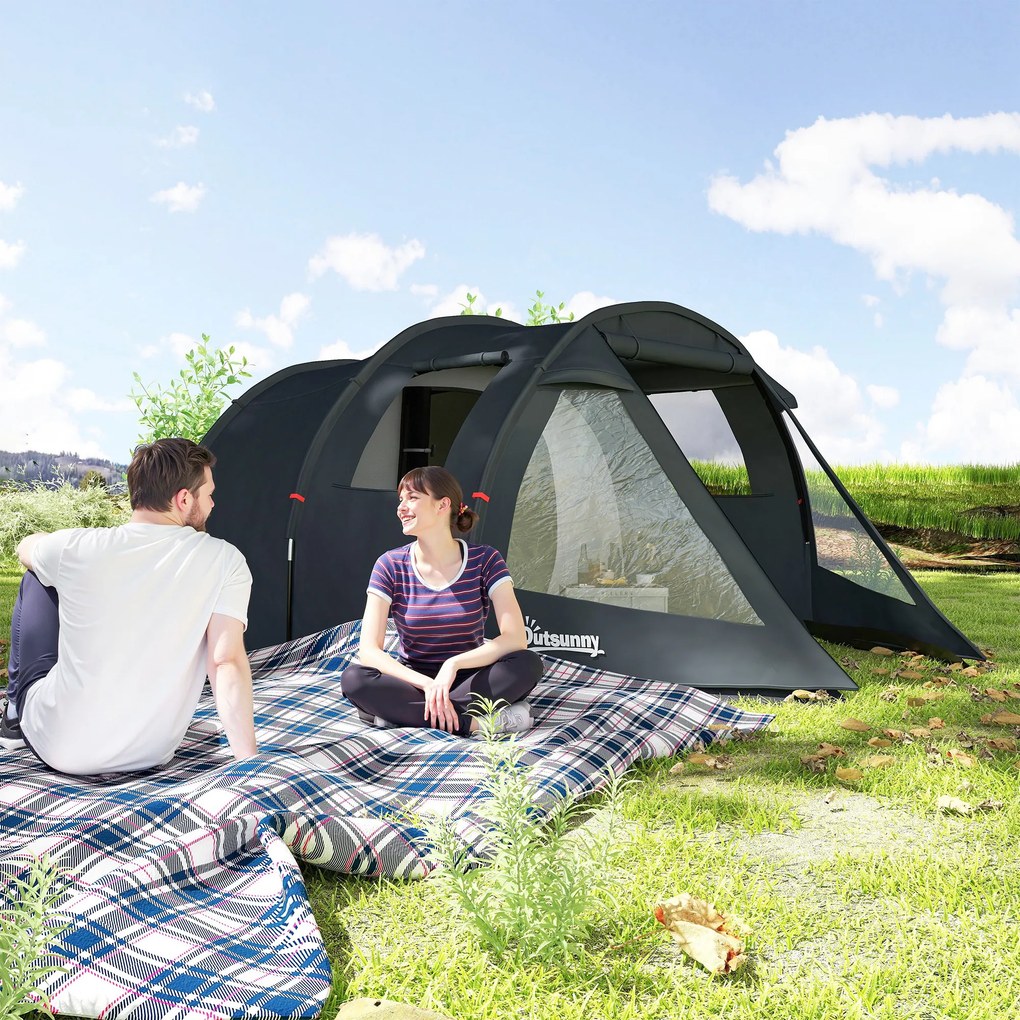 Outsunny Cort Tunel pentru 3-4 Persoane, Cort de Camping cu Doua Camere, cu Ferestre si Obloane, Geanta de Transport Portabila, pentru Pescuit, Drumetii, Sport, Festival, Negru | Aosom Romania