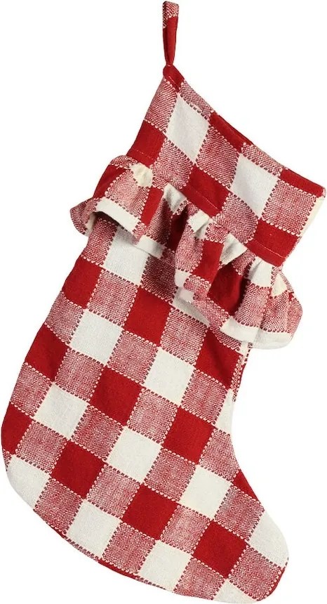 Ciorap de Crăciun din bumbac organic cu model în carouri roșu-alb ,si volănașe decorative , 43 × 33 cm, „Maison Ida"