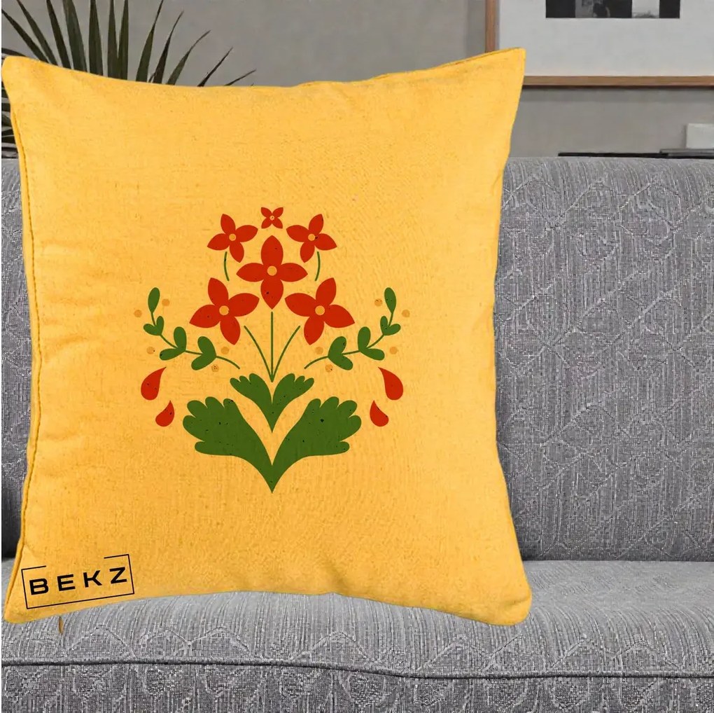 Perna Decorativa Buchet Floral Folk Rosu-Verde, 40x40 cm, Galben, Husa Detasabila, Perna Inclusa, BEKZ®