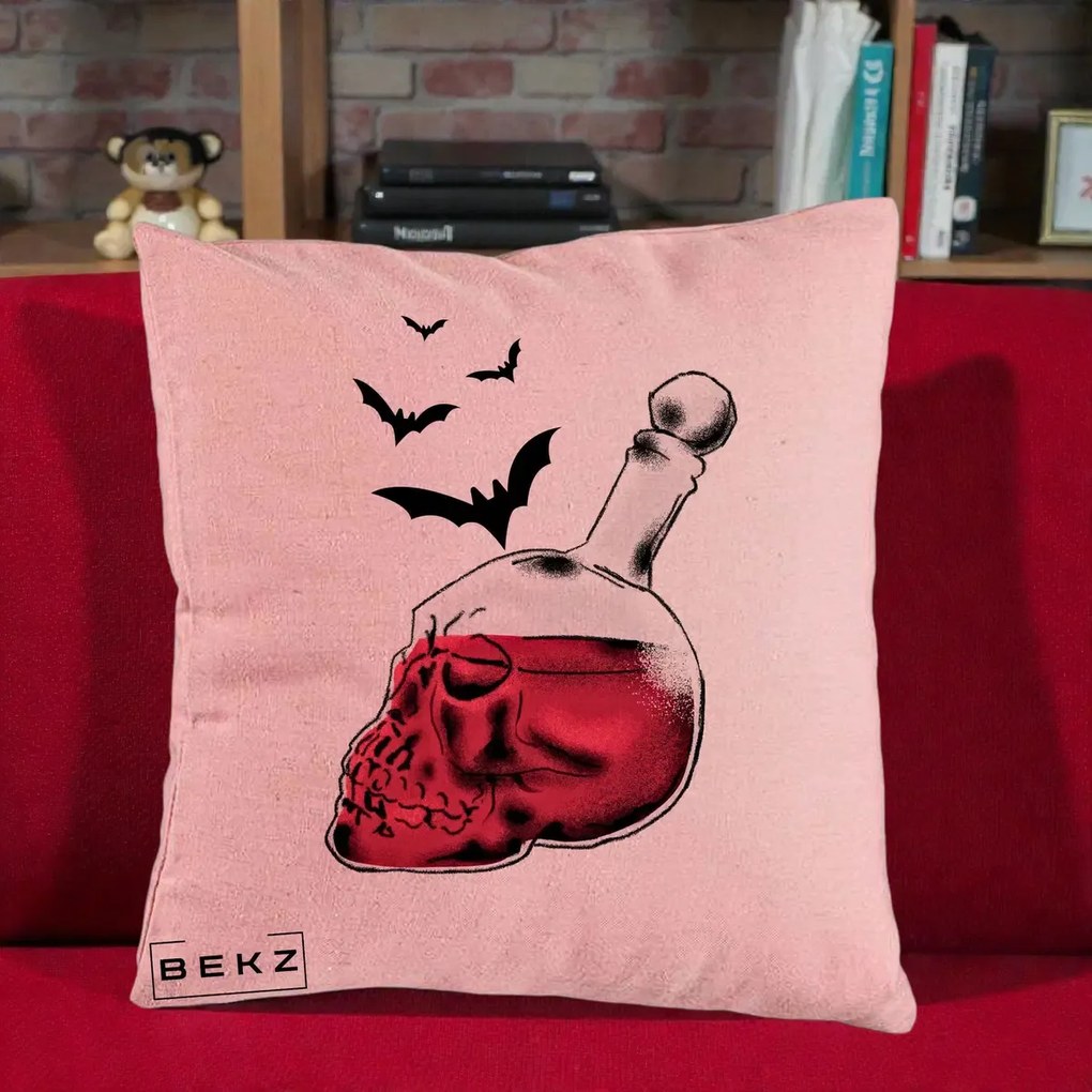 Perna Decorativa Halloween Craniu-Sticla cu Lilieci, 40x40 cm, Roz, Husa Detasabila, Perna Inclusa, BEKZ®