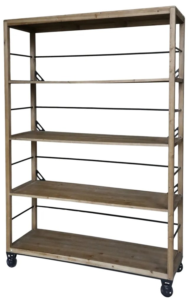 Etajeră pe roți, cu 4 rafturi, din lemn masiv și metal, stil french country, H200 x L150 x A48 cm