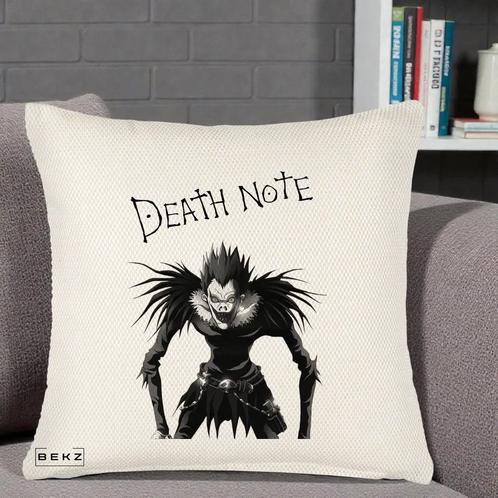 Perna Personalizata Death Note Ryuk Shinigami Alb-Negru, 40x40 cm, Crem Reliefat, Husa Detasabila, Perna Inclusa, BEKZ®