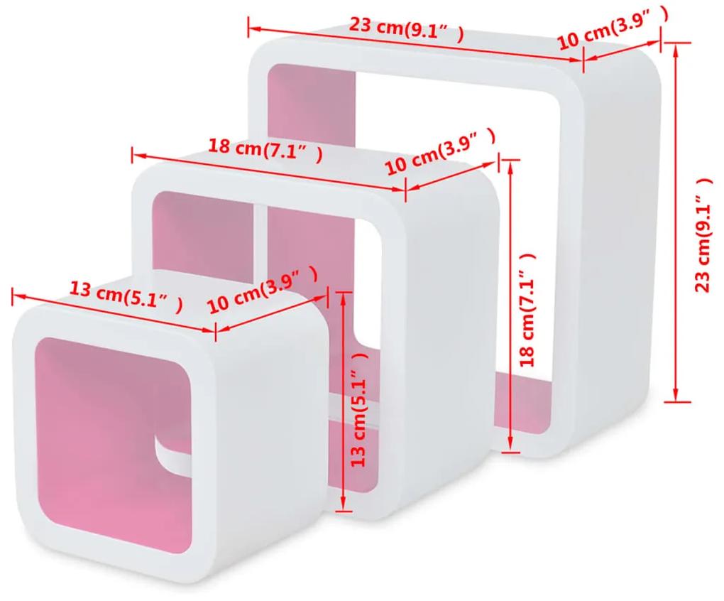 3 Rafturi de tip cub din MDF pentru carti DVD-uri, Alb-Roz 3, Roz