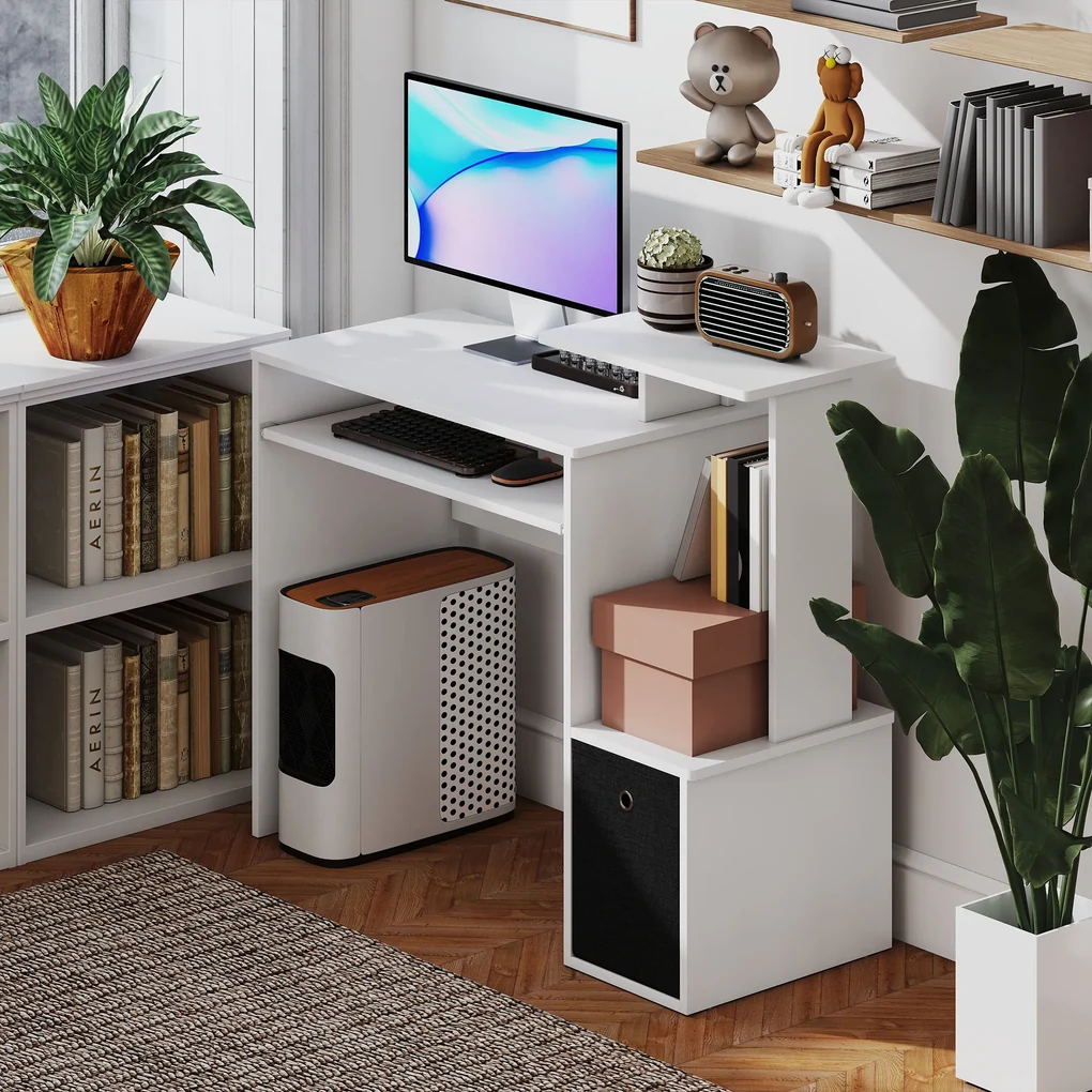 HOMCOM Birou modern pentru PC, birou pentru computer cu raft pentru tastatura, raft si spatiu de depozitare din material, 100x40x86.6cm, alb si negru