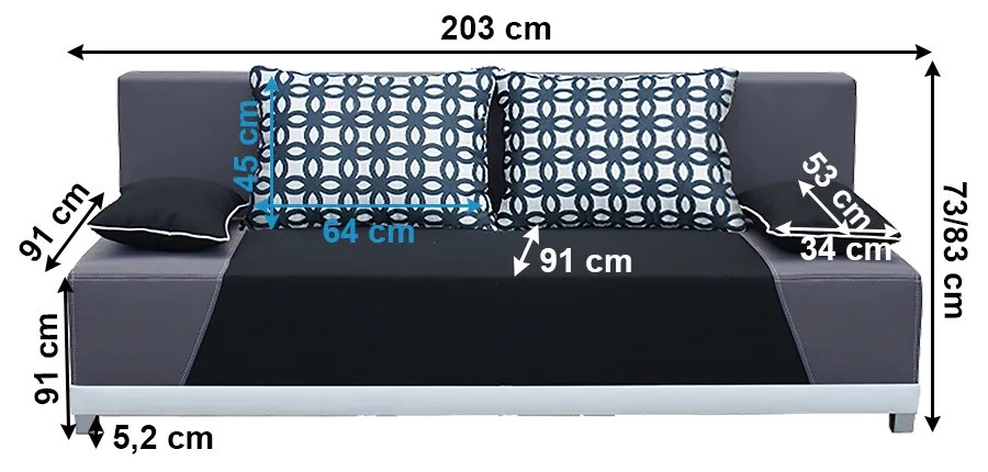 Canapea extensibilă, material textil negru/gri/perne gri cu model, ROKAR