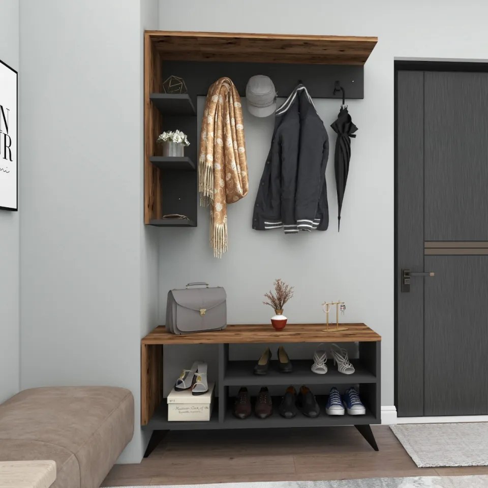 Set Cuier si Pantofar Samle, PAL Melaminat, Antracit / Nuc