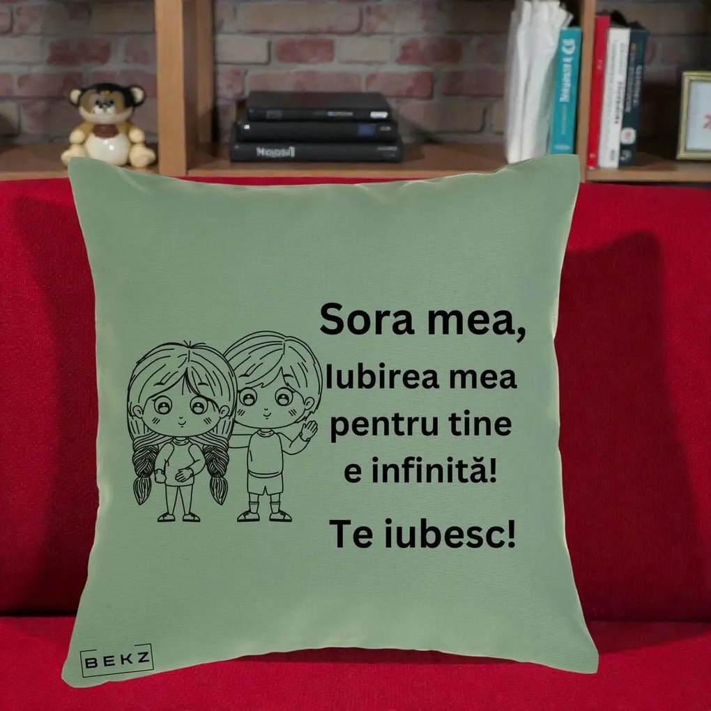 Cadou pentru Sora - Perna Personalizata Sora Mea Te Iubesc Copii Anime Line Art, 40x40 cm, Verde, Husa Detasabila, Perna Inclusa, BEKZ®