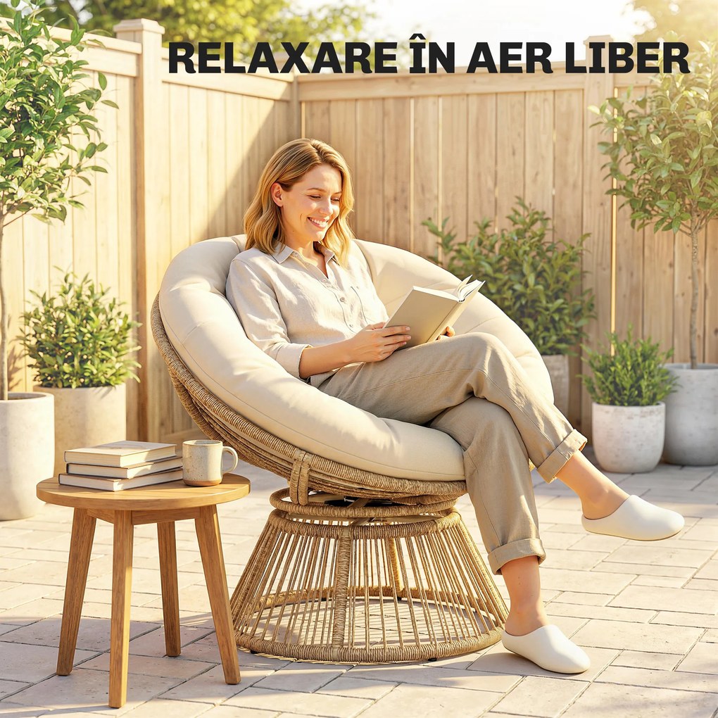Outsunny Fotoliu Papasan Rotativ 360° Moon Chair cu Pernă pentru Interior/Exterior, Crem Alb | Aosom Romania