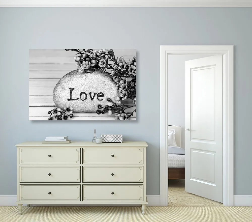 Tablou cu inscripție pe piatră Love în design alb-negru