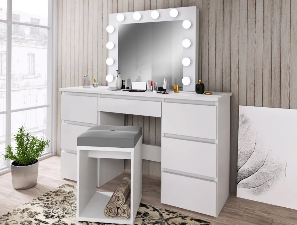 Masuta machiaj cu Oglinda LED si 7 Sertare pentru Cosmetice, Set Masa toaleta 120 cm, Alb, masuta cosmetica, vanity - SEA516