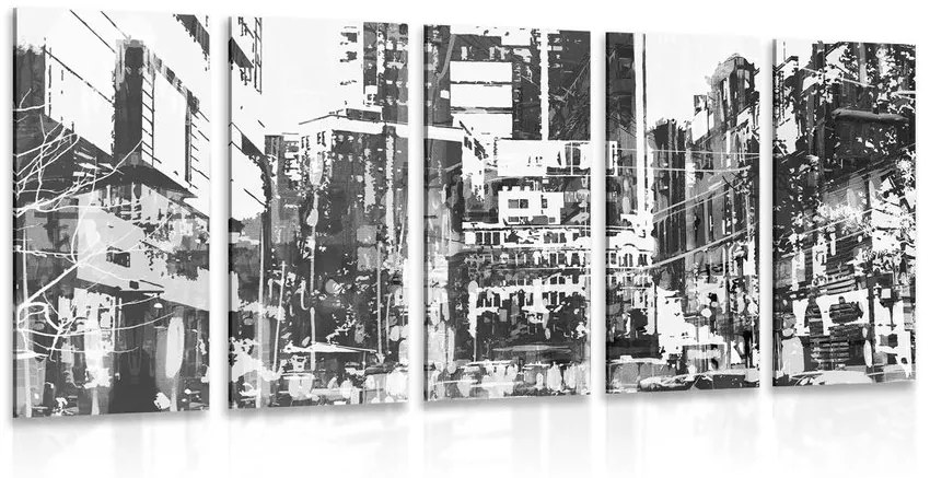 Tablou 5-piese panoramă abstractă a orașului în design alb-negru