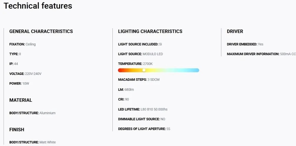 Spot LED incastrabil TULIPA White recessed downlight 10W 55° 2700K CRI90 IP44
