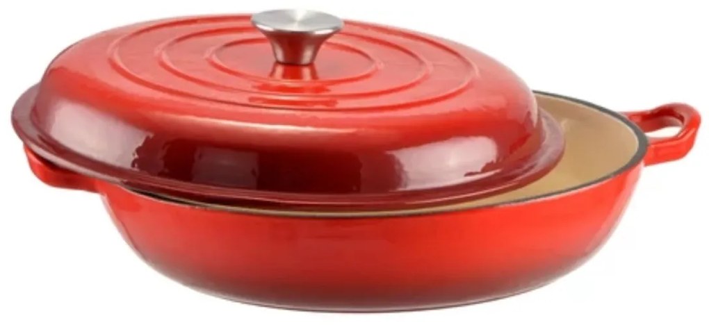 Cratiță din fontă emailată cu capac 30 cm, 2.5L – Perfect Home 14017, roșie, pentru friptură la cuptor și distribuție termică uniformă