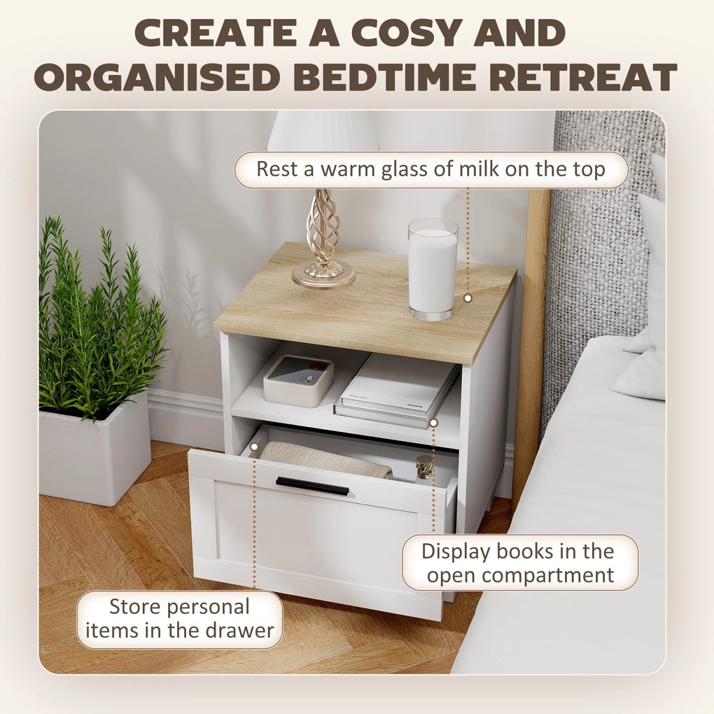 HOMCOM Noptieră Dormitor cu Sertar și Raft Deschis, Noptieră Modernă Compactă cu Picioare din Lemn de Pin, 45x38x50 cm, Alb | Aosom Romania