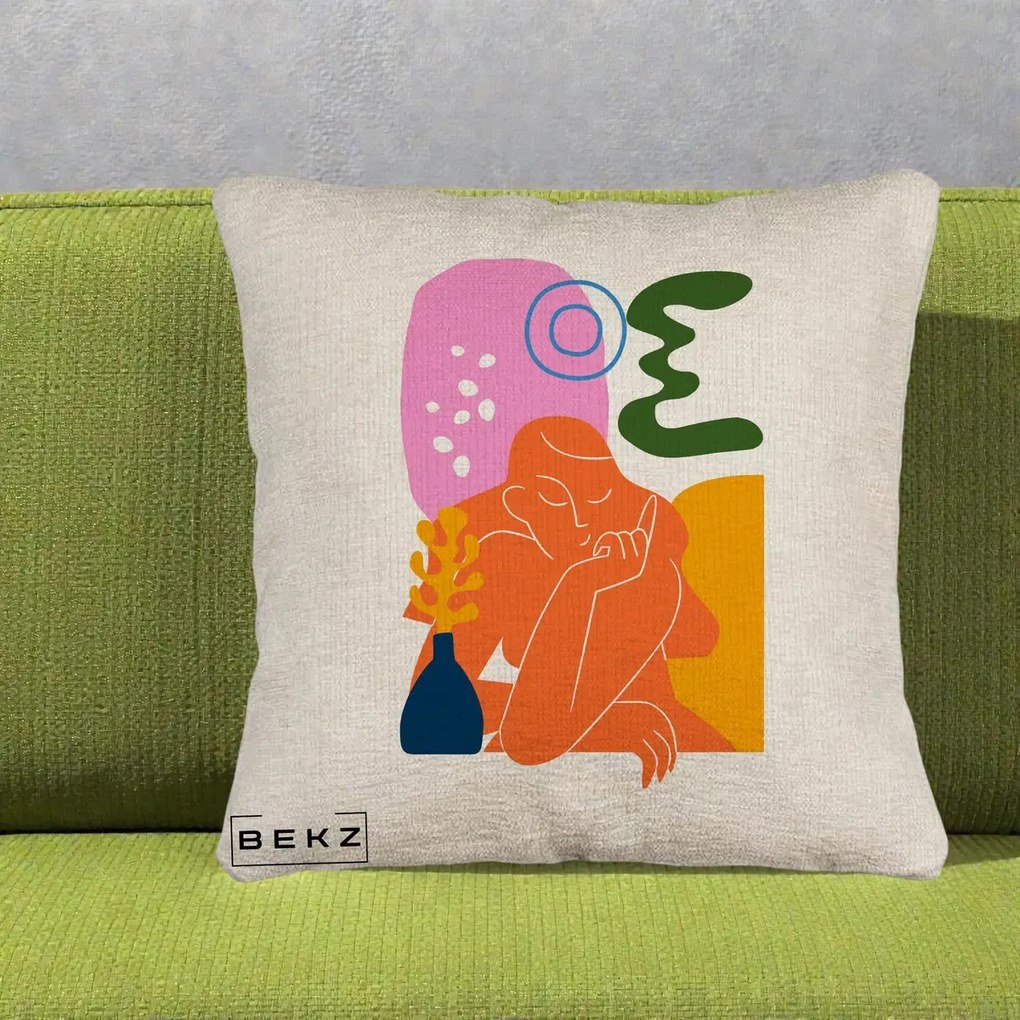 Perna Decorativa Femeie Meditand Abstract, 40x40 cm, Bej Canapea, Husa Detasabila, Perna Inclusa, BEKZ®