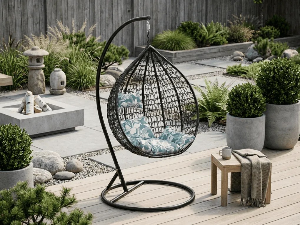 Scaun negru suspendat KOKON cu suport, perna verde-alb