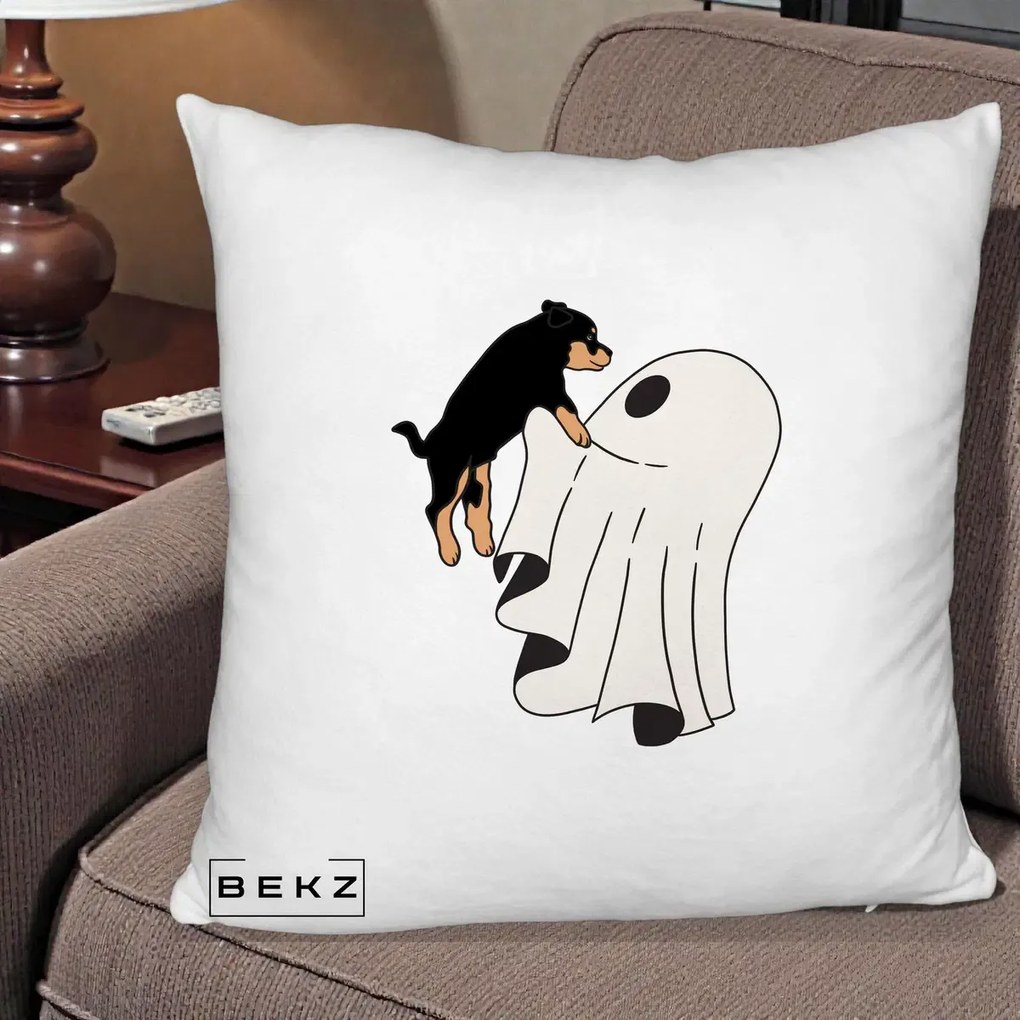 Perna Decorativa Caine Rottweiler Fantoma Halloween, 40x40 cm, Alb Pufos, Husa Detasabila, Perna Inclusa, BEKZ®