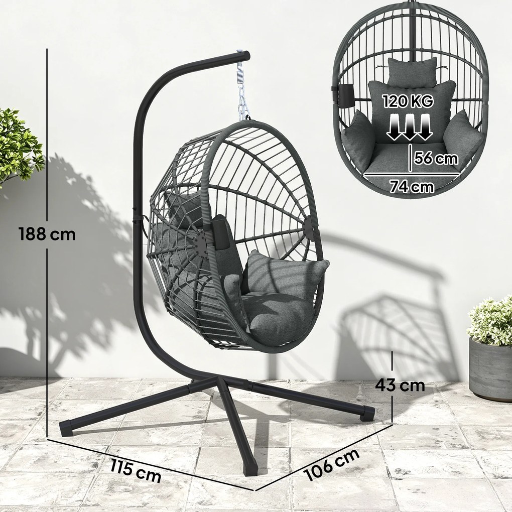 Outsunny Scaun Suspendat Ou, Inclusiv Pernă, Fotoliu, 120 cm x 106 cm x 188 cm, Gri | Aosom Romania