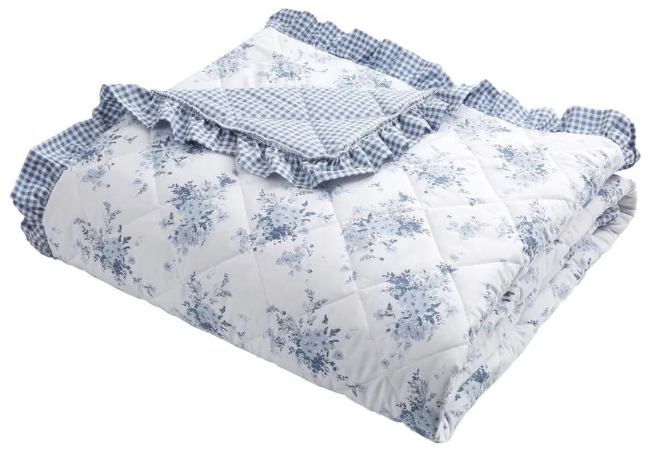 Cuvertură albă-albastră matlasată 220x230 cm Lucie Floral Frill – Catherine Lansfield
