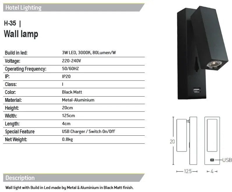Aplica moderna cu spot LED directionabil USB Charger Hotel negru