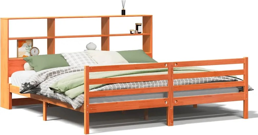 vidaXL Pat cu bibliotecă fără saltea maro ceruit 200x200 cm lemn masiv