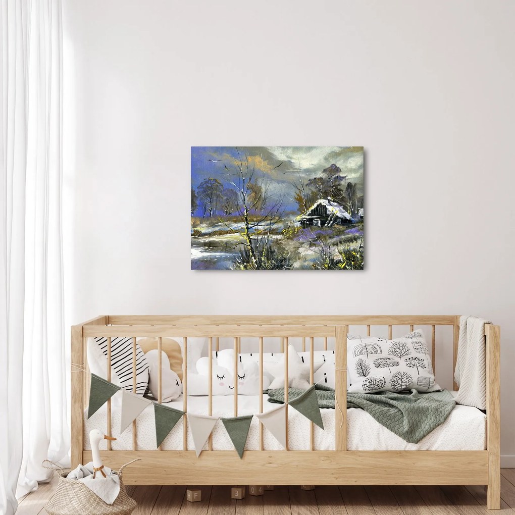 Tablou -Cabane într-un peisaj de iarnă, pictură în ulei (70x50 cm)