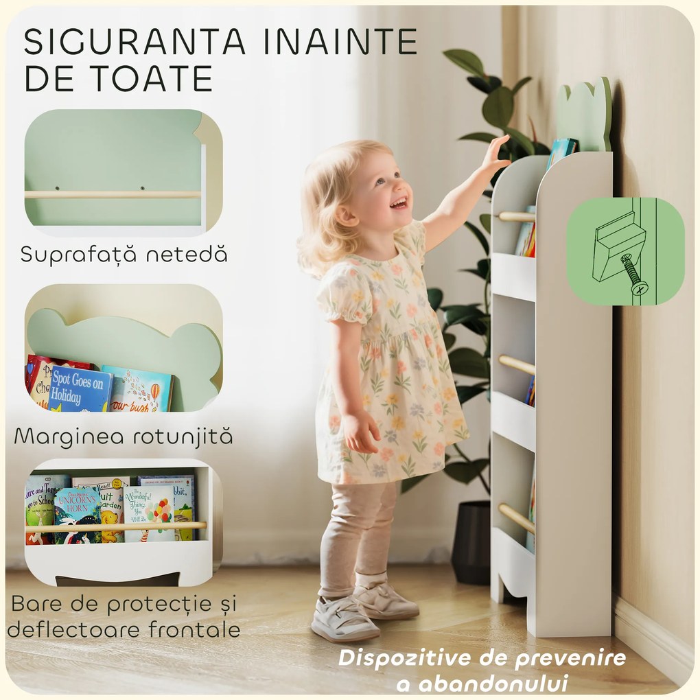 AIYAPLAY Bibliotecă Copii 3 Rafturi în Formă de Ursuleț 55x15x110 cm, Verde | Aosom Romania