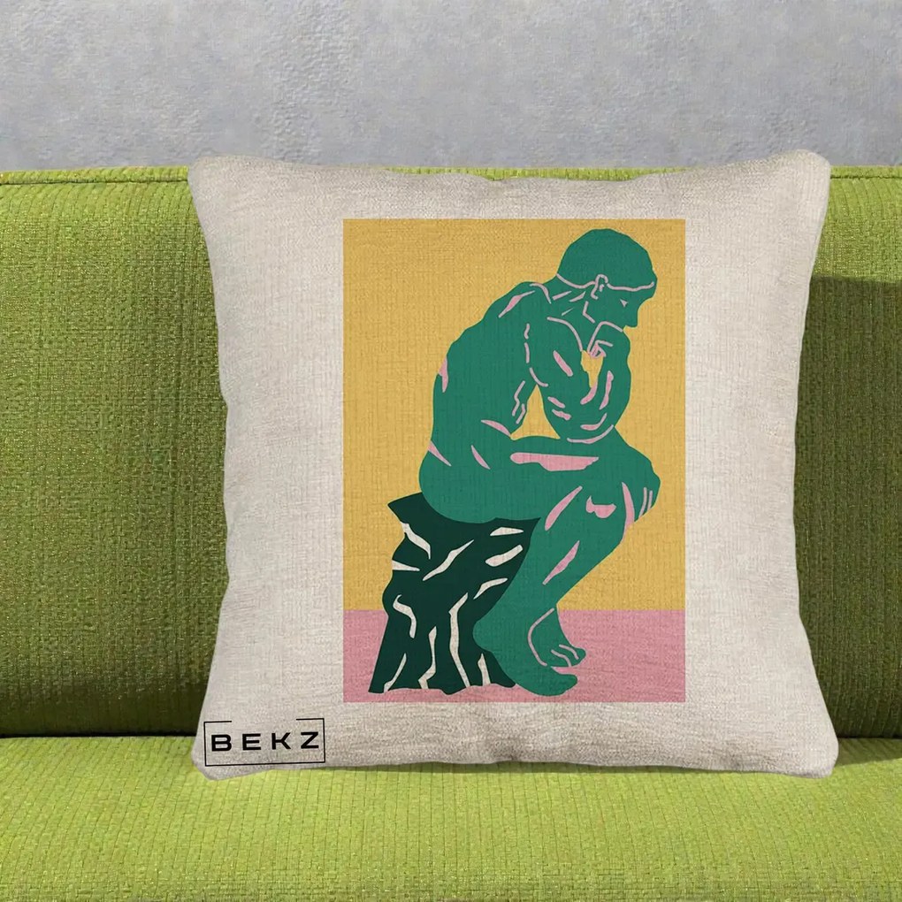 Perna Decorativa Ganditorul Sculptura Pop Art, 40x40 cm, Bej Canapea, Husa Detasabila, Perna Inclusa, BEKZ®