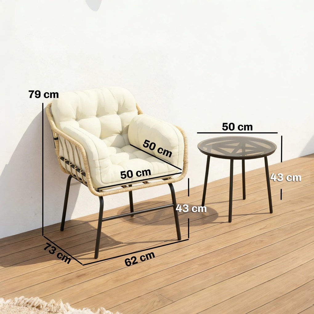 Outsunny Set mobilier exterior 3 piese din rășină împletită, masă din sticlă securizată, 2 fotolii cu perne, 62x73x79cm, Kaki | Aosom Romania