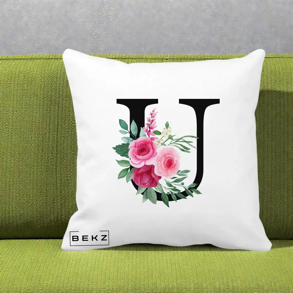 Cadou Personalizat - Perna Personalizata Monograma Florala Litera U, 40x40 cm, Alba Mata, Husa Detasabila, Perna Inclusa, BEKZ®