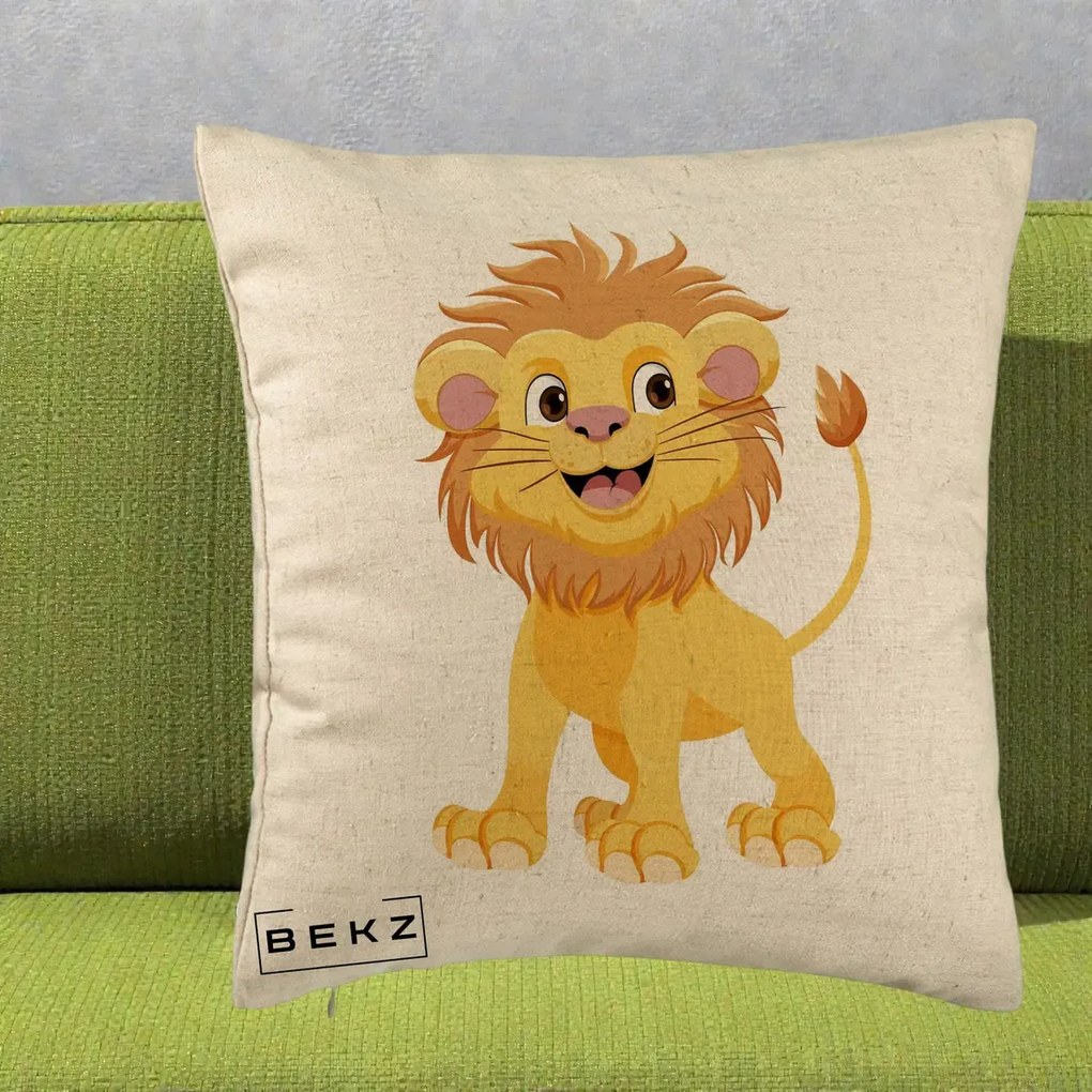 Perna Decorativa Pui de Leu Kawaii, 40x40 cm, Bej, Husa Detasabila, Perna Inclusa, BEKZ®