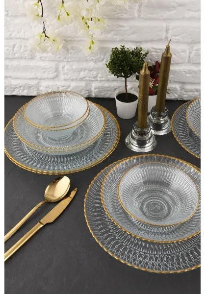 Set de masă 12 piese, sticlă transparentă cu detalii aurii