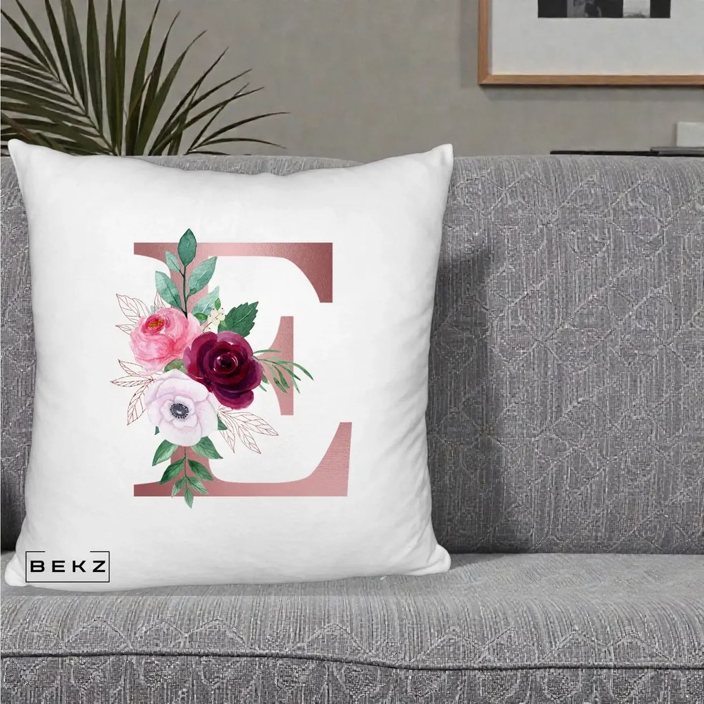 Cadou Personalizat - Perna Personalizata Monograma Rose Gold Litera E, 40x40 cm, Alb Pufos, Husa Detasabila, Perna Inclusa, BEKZ®