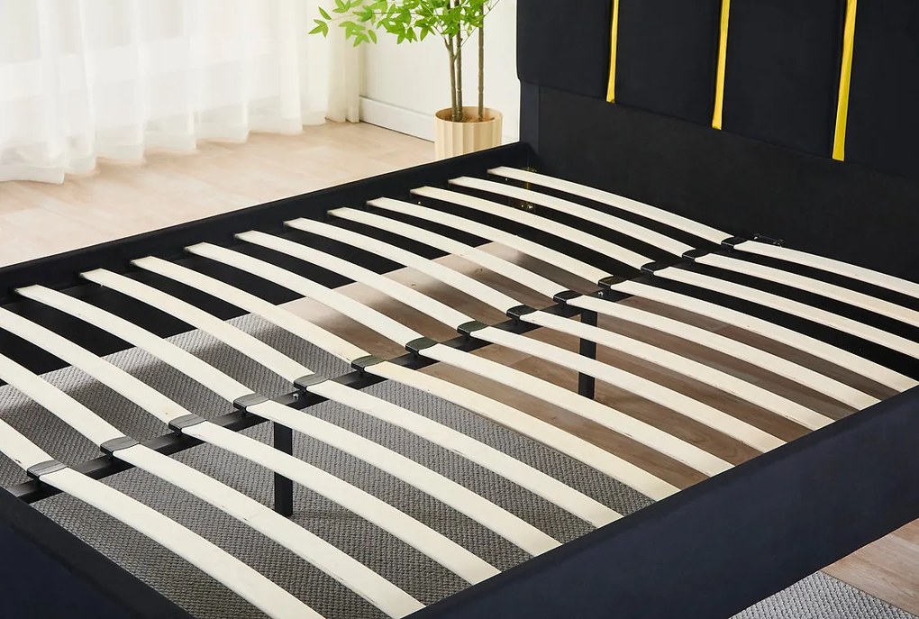 Pat Tapitat Catifea Negru 160x200 cm cu Somiera si Saltea  Inclusa ,   Cod LB-214