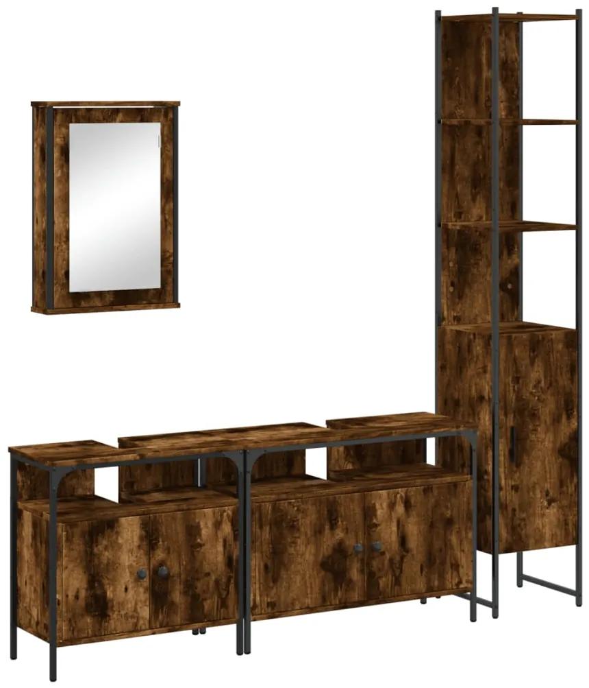 3214807 vidaXL Set mobilier de baie, 4 piese, stejar fumuriu, lemn prelucrat