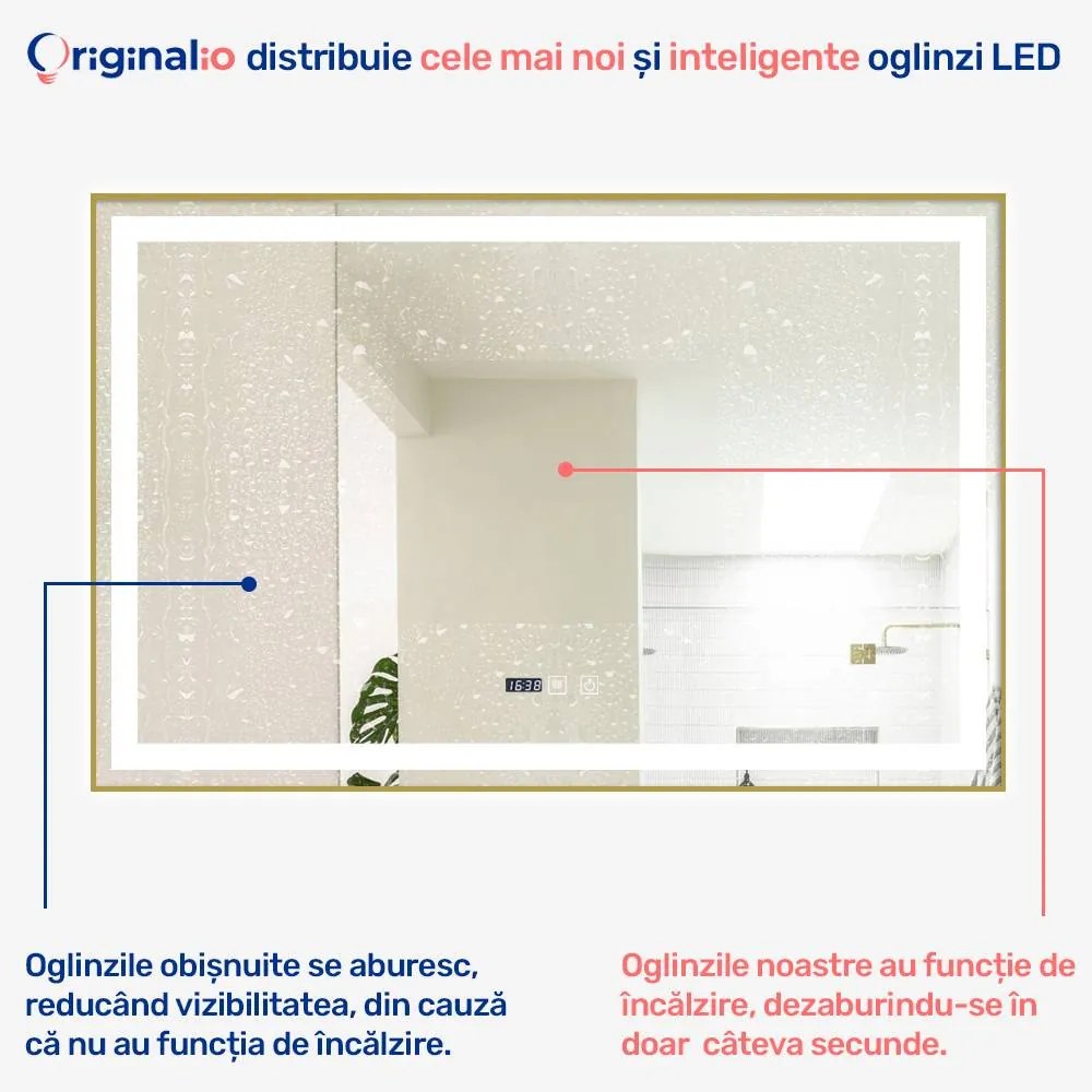 Oglindă LED Dreptunghiulară (100x65 cm), 3 Moduri Iluminare (Lumină Rece, Naturală, Caldă), Intensitate Reglabilă, Funcție Dezaburire, Ceas (Timer) și Termometru, Ramă Aluminiu, Control Tactil (Touch)