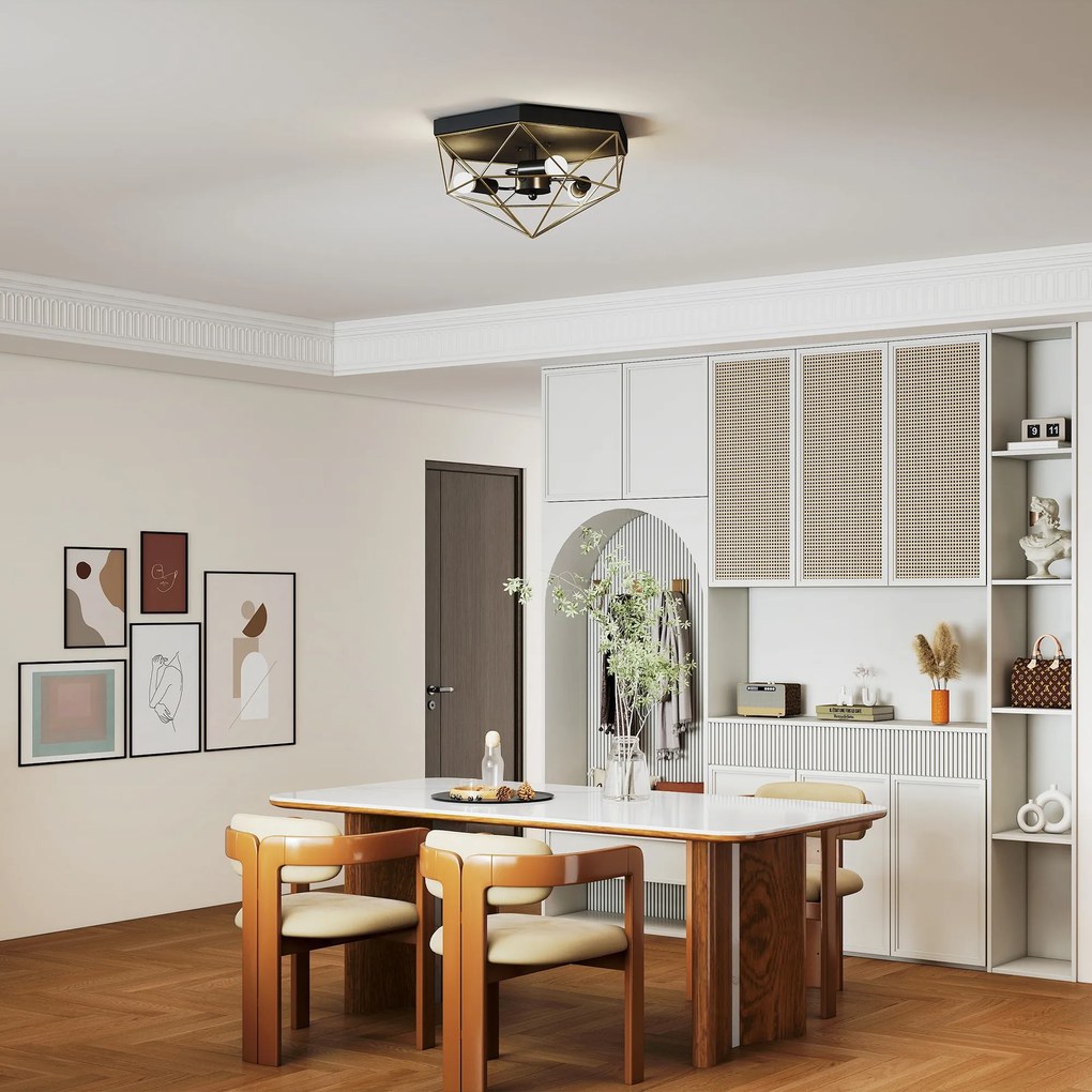 HOMCOM Lampă de Tavan Stil Industrial Geometrică cu 3 Suporturi E27 pentru Becuri LED, Negru și Auriu | Aosom Romania