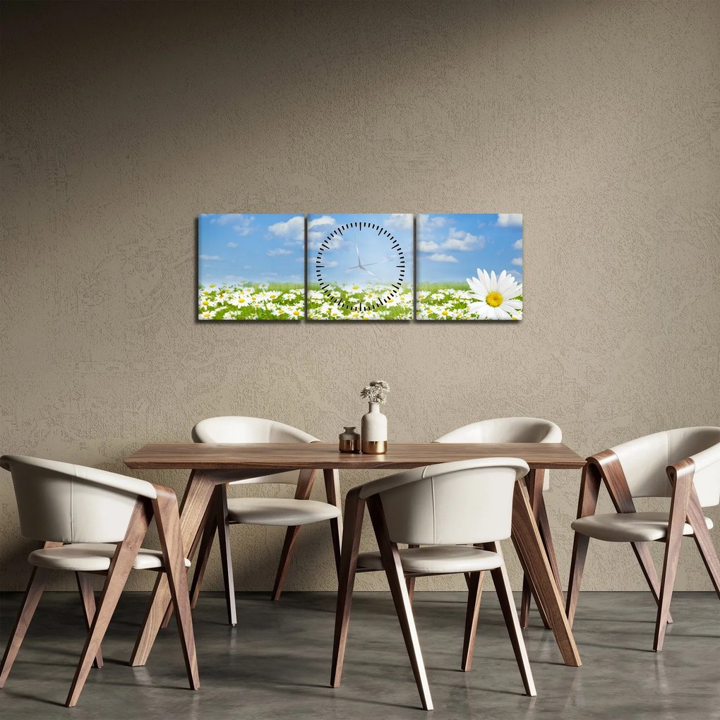 Tablou cu luncă înflorită cu margarete (cu ceas) (90x30 cm)