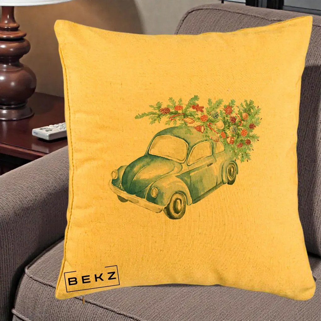 Perna Decorativa Masinuta Albastra cu Brad de Craciun, 40x40 cm, Galben, Husa Detasabila, Perna Inclusa, BEKZ®