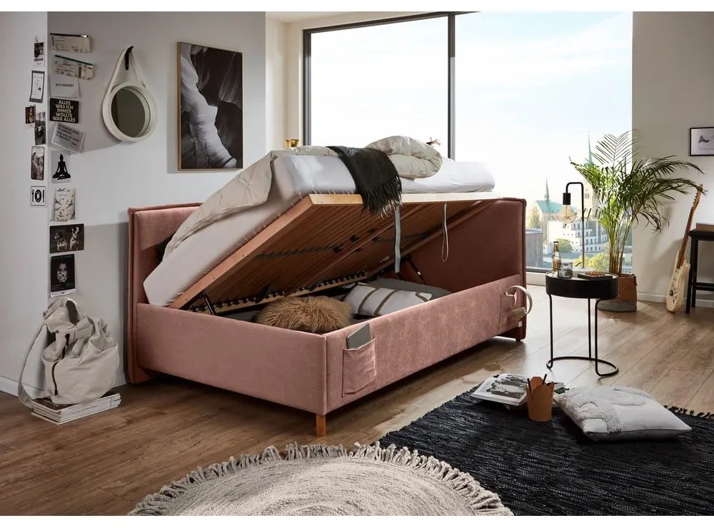 Pat pentru copii roz pe colț tapițat cu spațiu de depozitare cu somieră 90x200 cm Fun – Meise Möbel