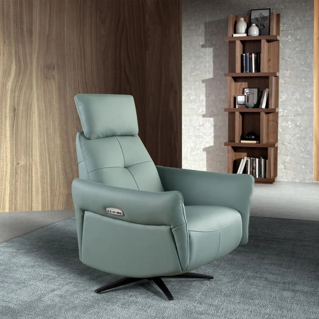 Fotoliu pivotant, functie relax, tapitat cu piele verde turcoaz George