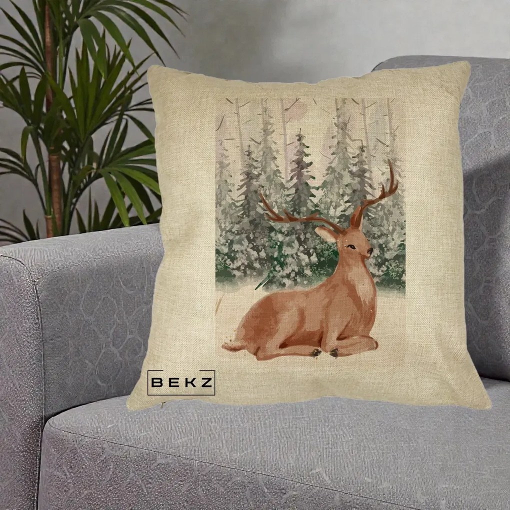Perna Decorativa Ren in Padure Roz Moale, 40x40 cm, Crem, Husa Detasabila, Perna Inclusa, BEKZ®