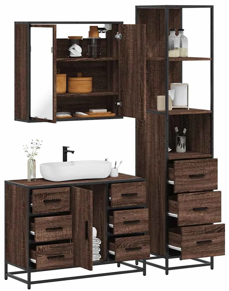 vidaXL Set mobilier de baie, 3 piese, stejar maro, lemn prelucrat