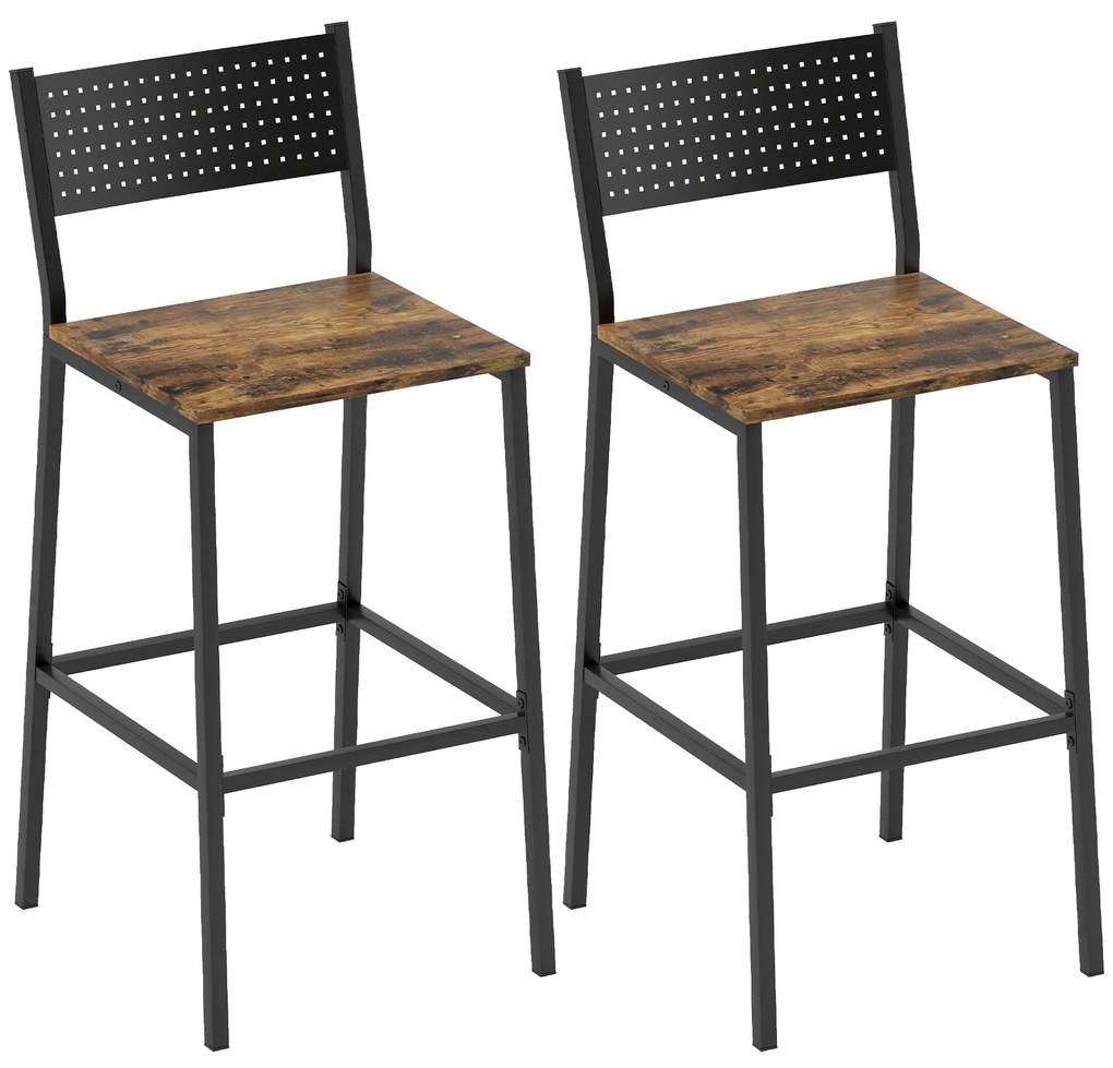 HOMCOM Set 2 Scaune Bar Stil Industrial cu Spătar și Suport pentru Picioare Maro | Aosom Romania
