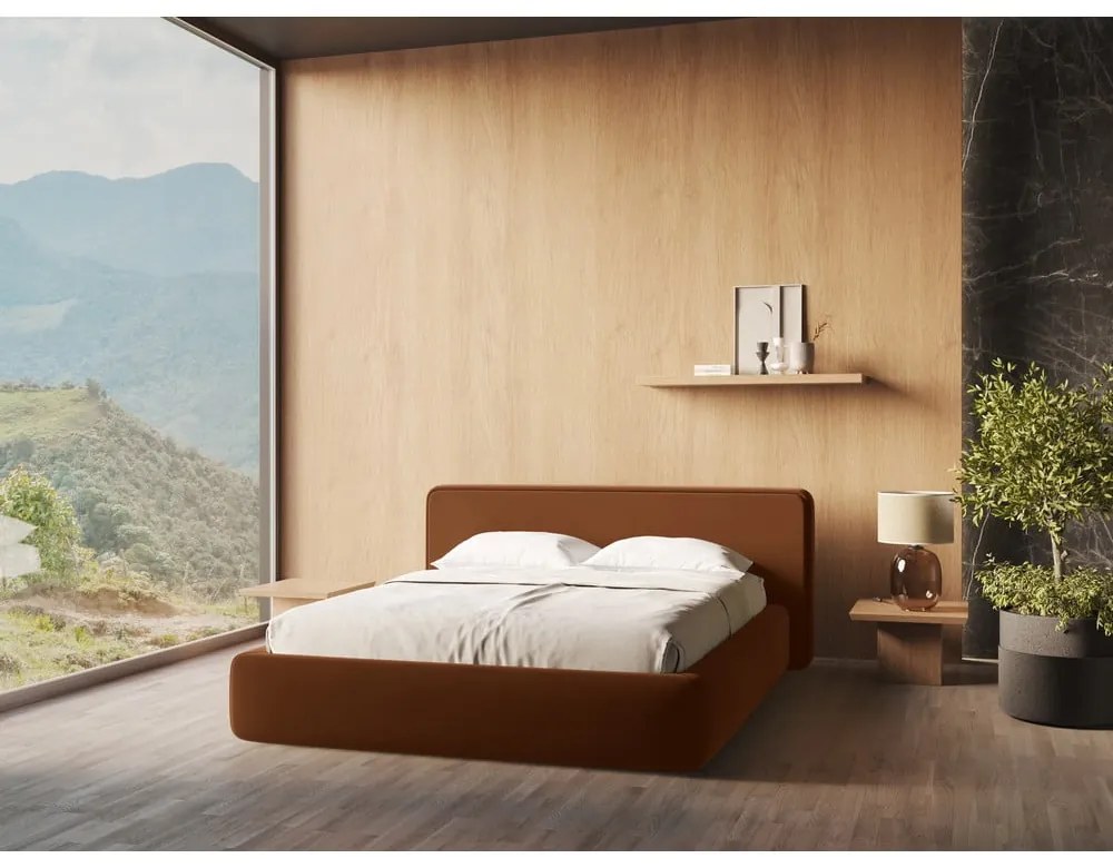 Pat matrimonial teracotă tapițat cu spațiu de depozitare cu somieră 180x200 cm Kiana – Makamii