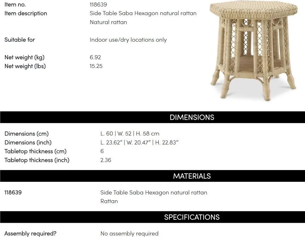 Masuta auxiliara din ratan natural design LUX Saba Hexagon