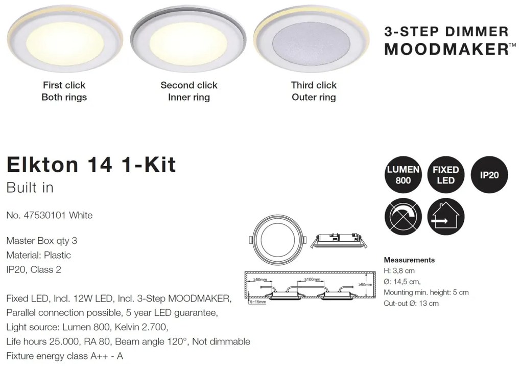 Spot LED incastrabil Elkton 14 / 2700K / 3-Step MOODMAKER