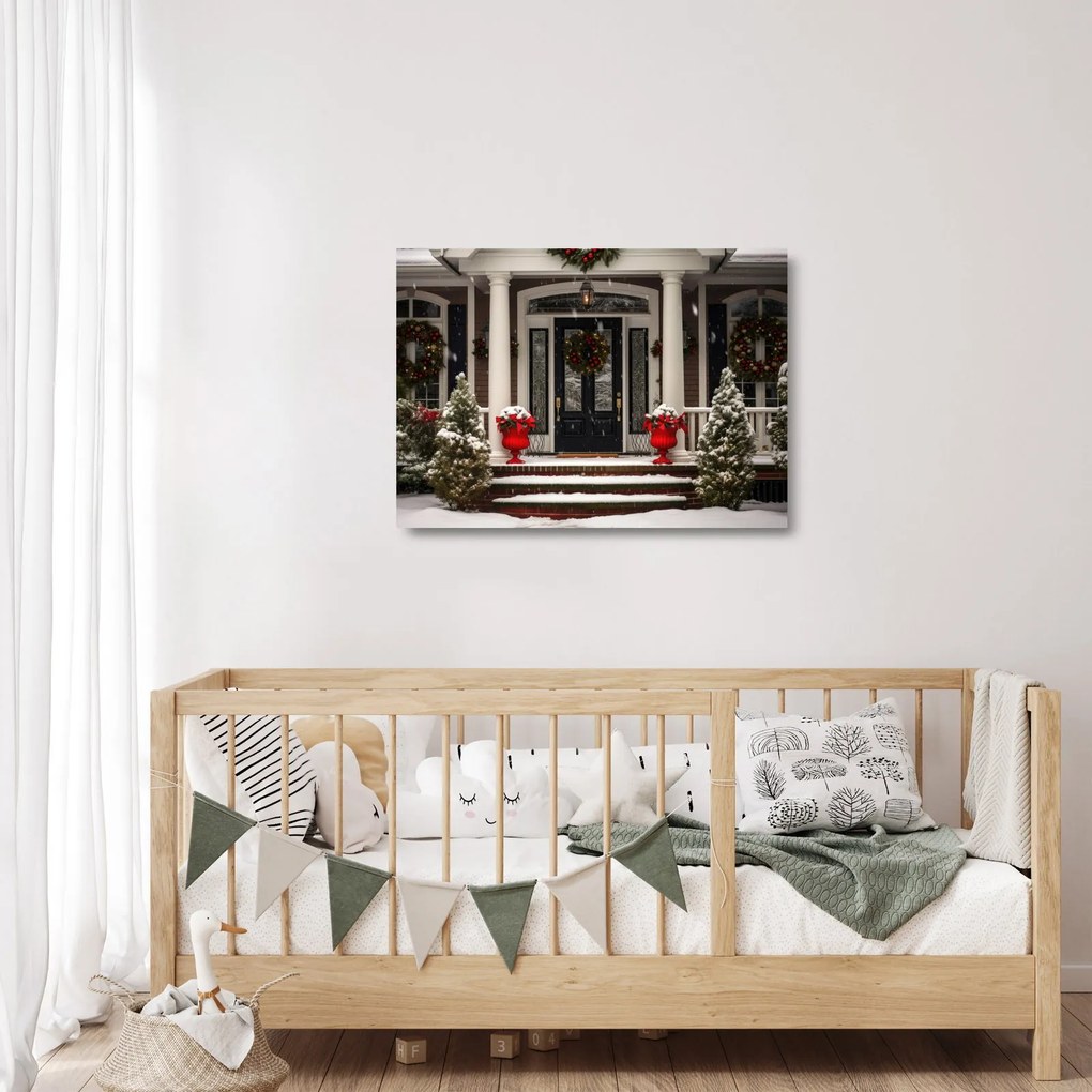 Tablou pe sticlă - Casa decorată de Crăciun (70x50 cm)